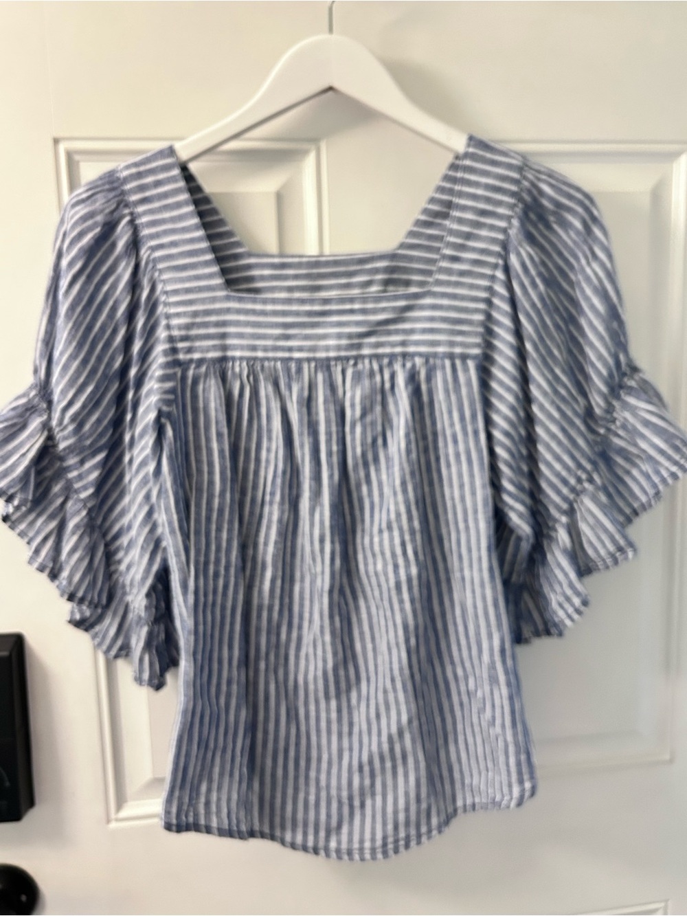 beachlunchlounge Blue and White Striped Square-Neck Ruffle Sleeve Blouse